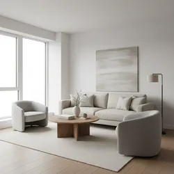 Minimalist living room featuring beige sofa two grey armchairs round wooden table and floor lamp