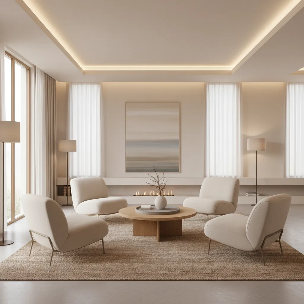 Four chairs angled slightly inward around a round table for better conversation