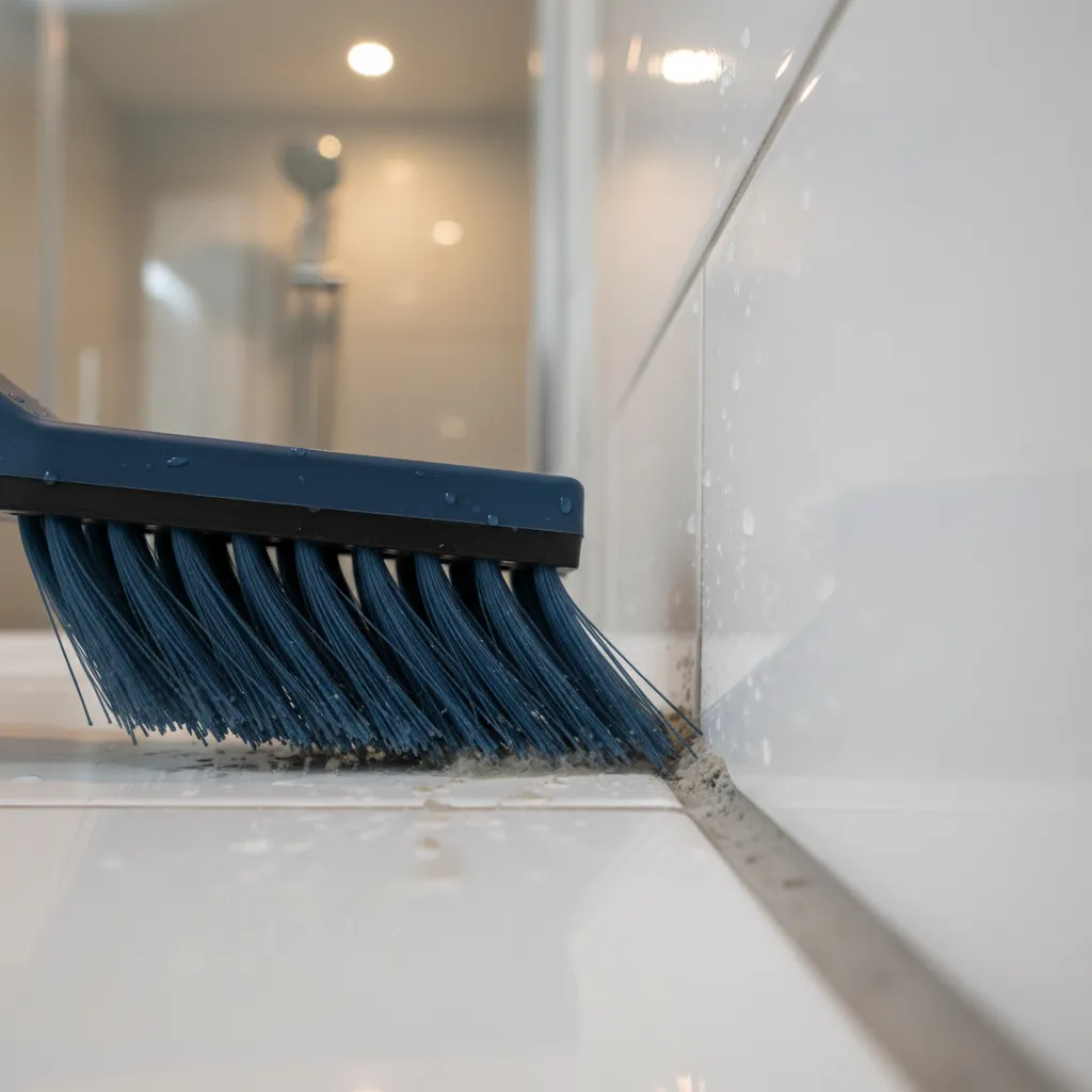 close view of angled grout brush cleaning tile joints