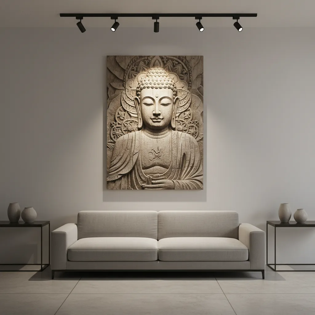 Directional lighting revealing texture on carved Buddha wall art