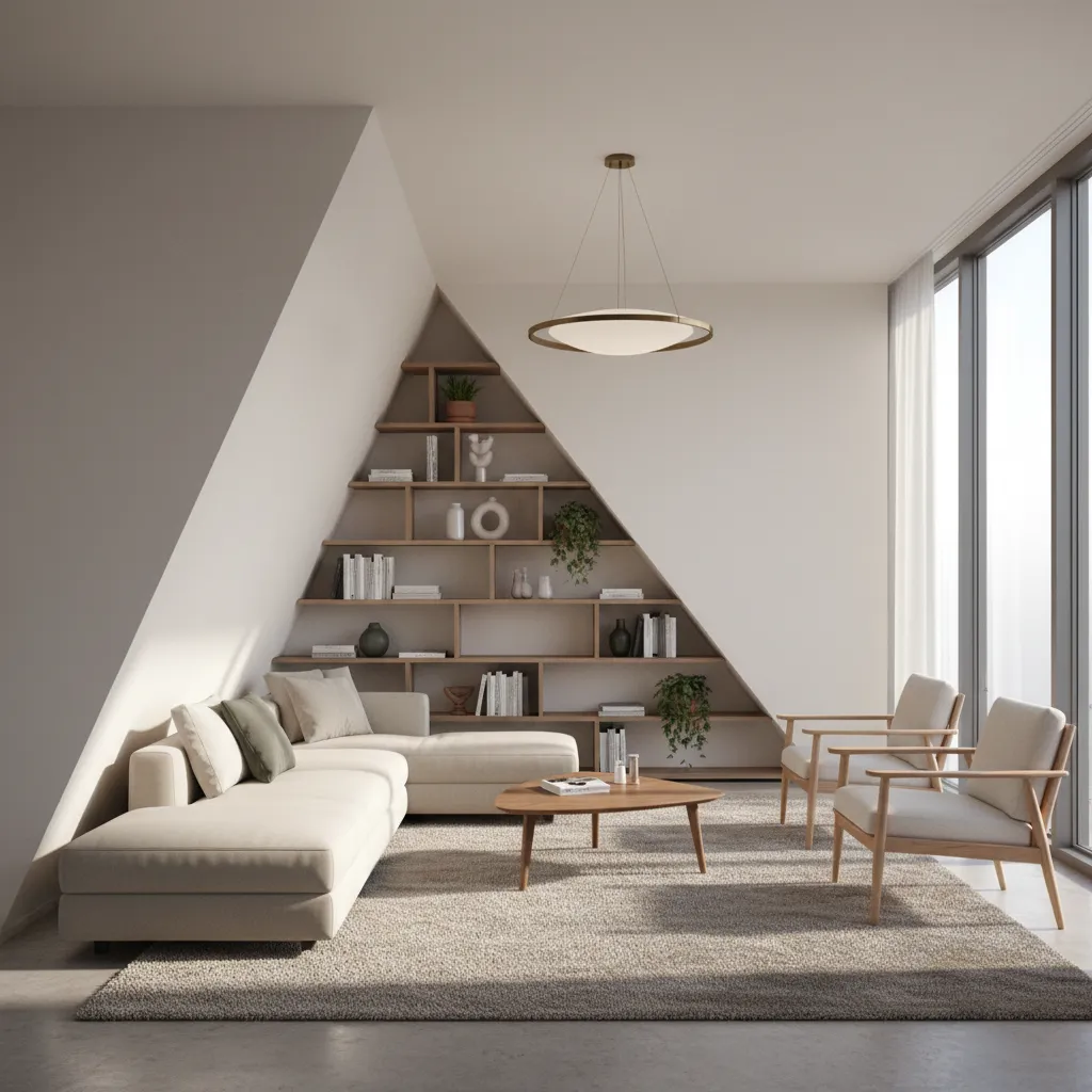 apartment living room showing furniture placement against angled wall