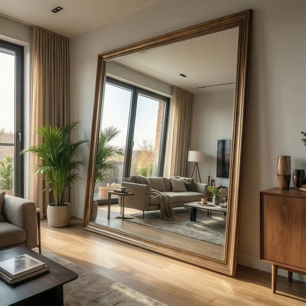 Wall mirror angled slightly to extend reflections across a living room