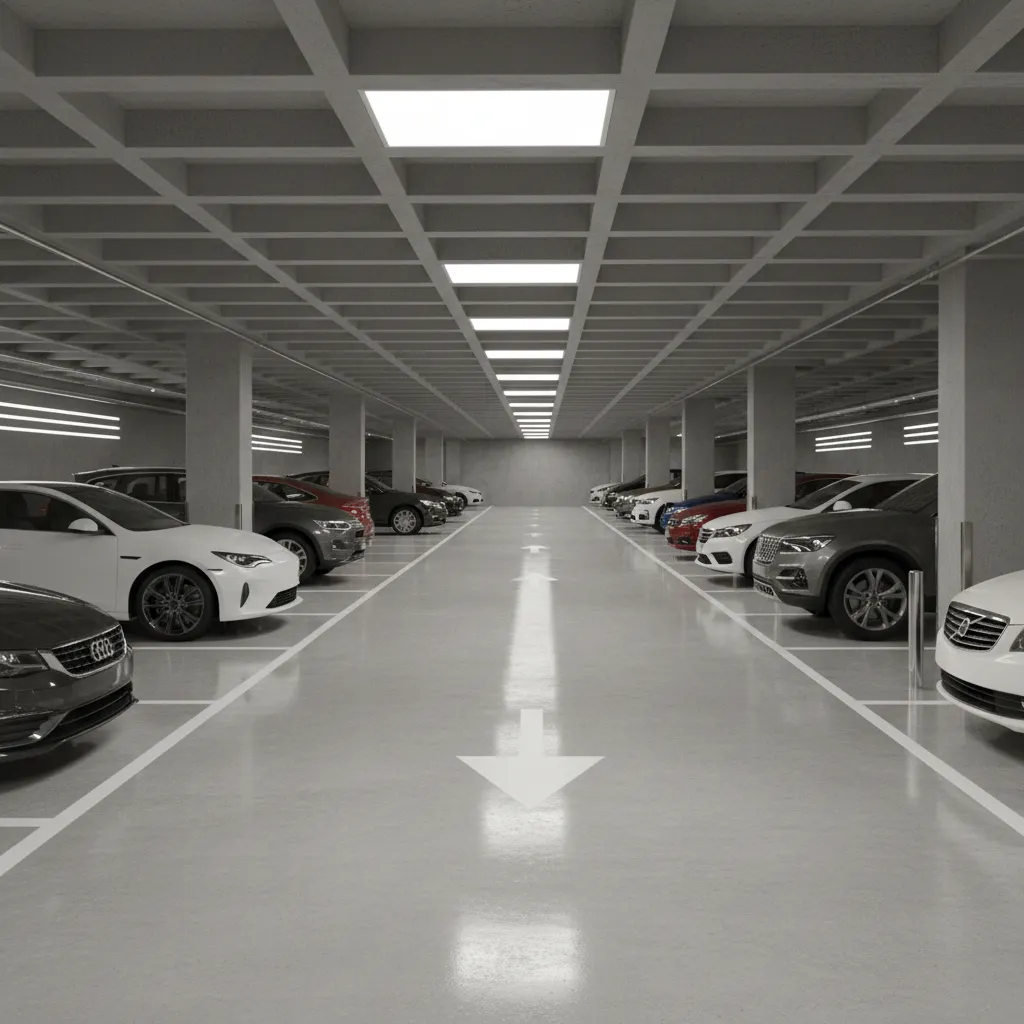 Angled parking spaces in basement garage with one way circulation