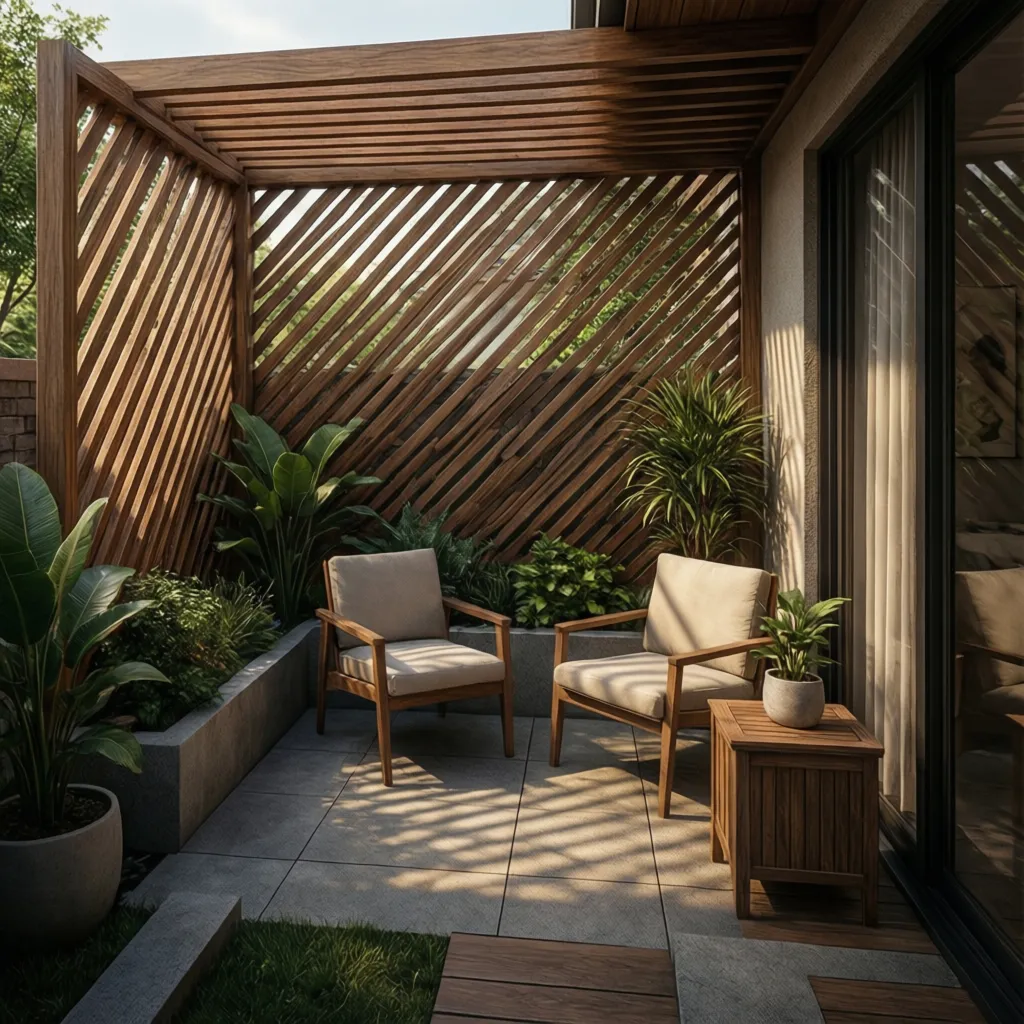 angled patio divider creating cozy corner seating area in tiny patio