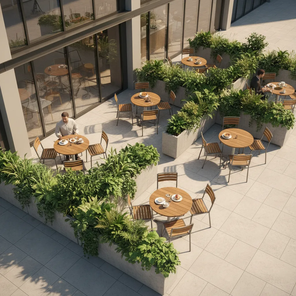 Cafe patio layout using angled planter dividers for privacy