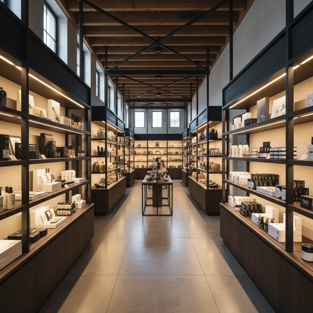 Tienda especializada con pasillos diagonales y exposición destacada de productos