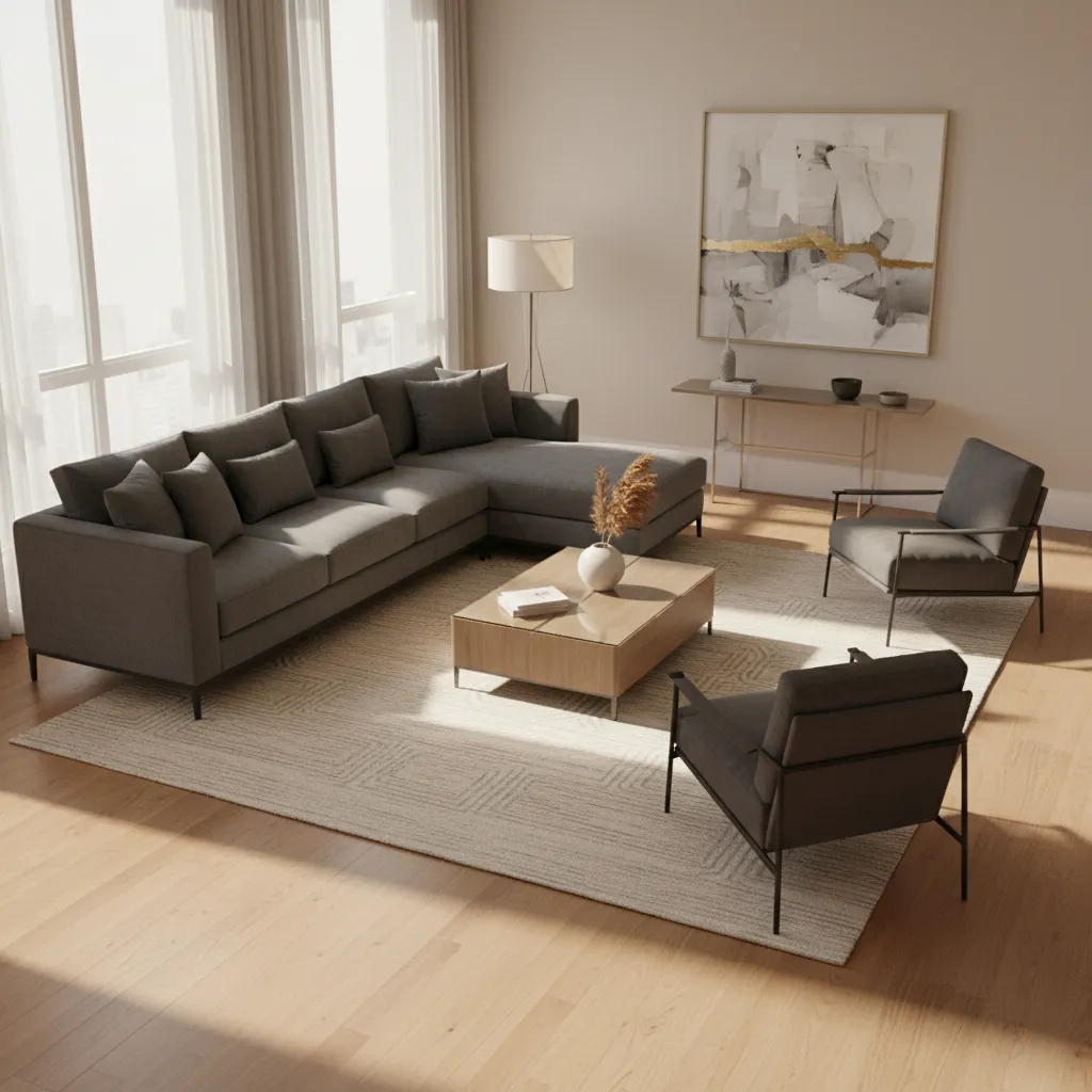 Living room rug rotated to align with diagonal sofa and coffee table