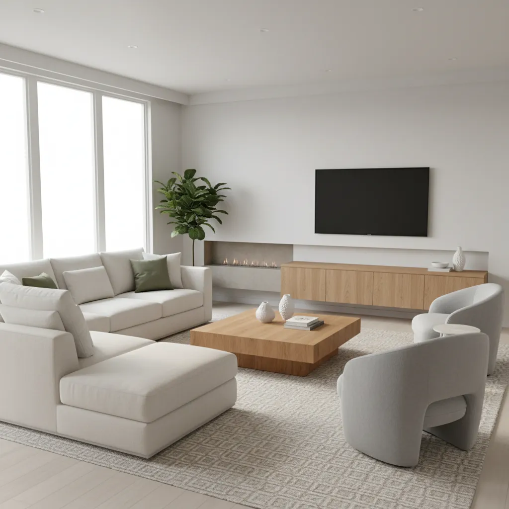 Living room furniture angled toward TV to improve viewing angles