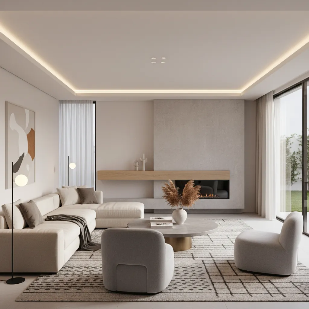 angled sofa directing attention toward fireplace focal point