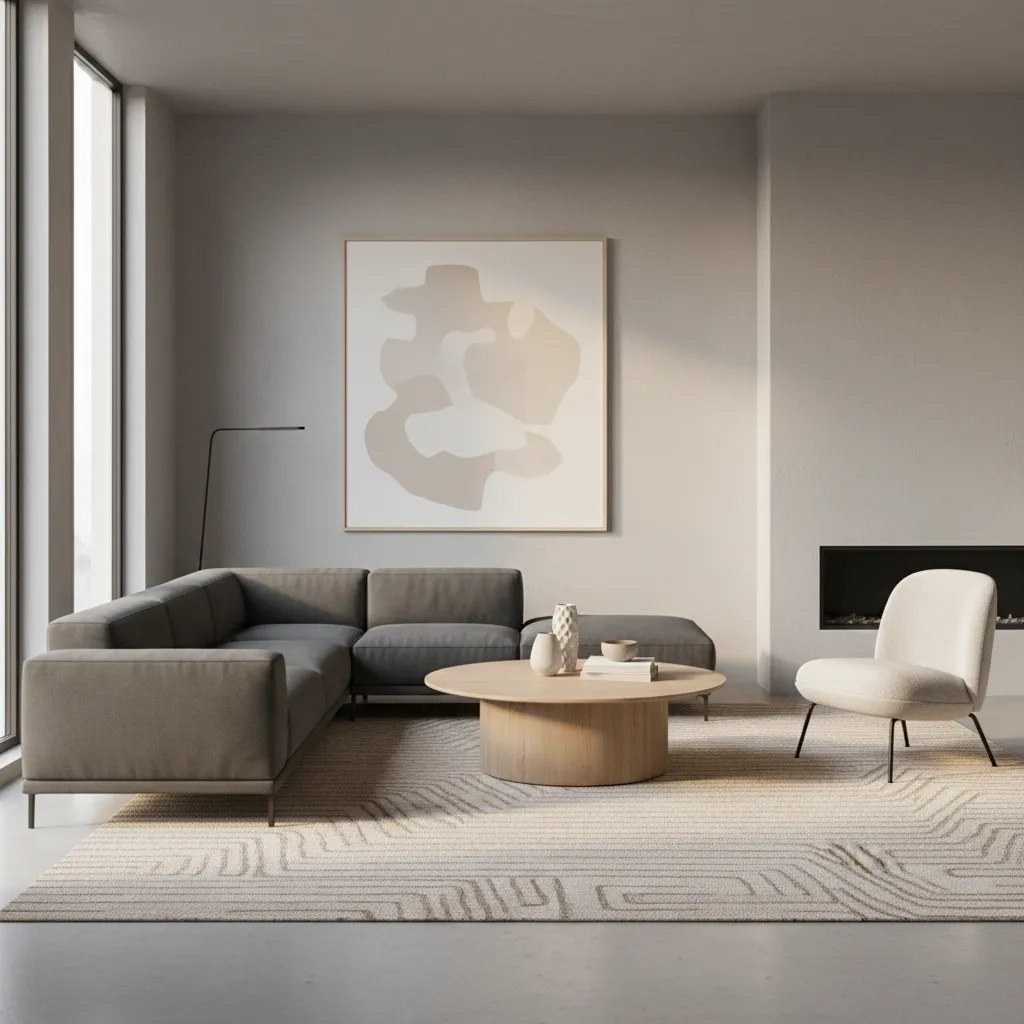 angled sofa with round coffee table and accent chair in small living room