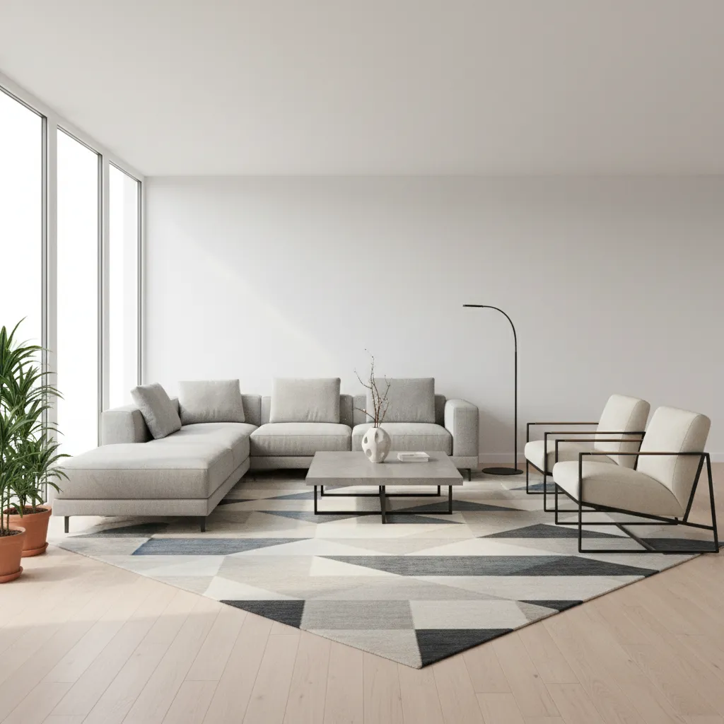Angled sofa layout with rug aligned diagonally and chairs arranged around