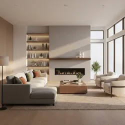 Modern living room featuring grey sofa wooden coffee table fireplace stone wall and large windows