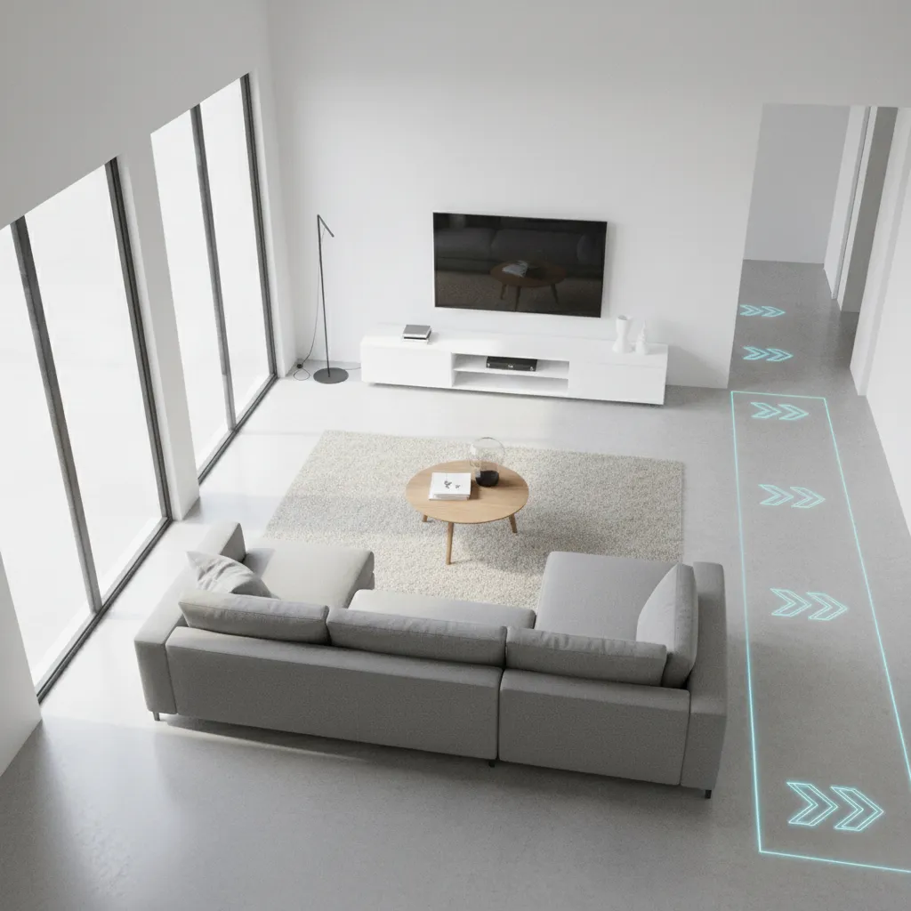 Living room diagram style showing walking path around angled sofa