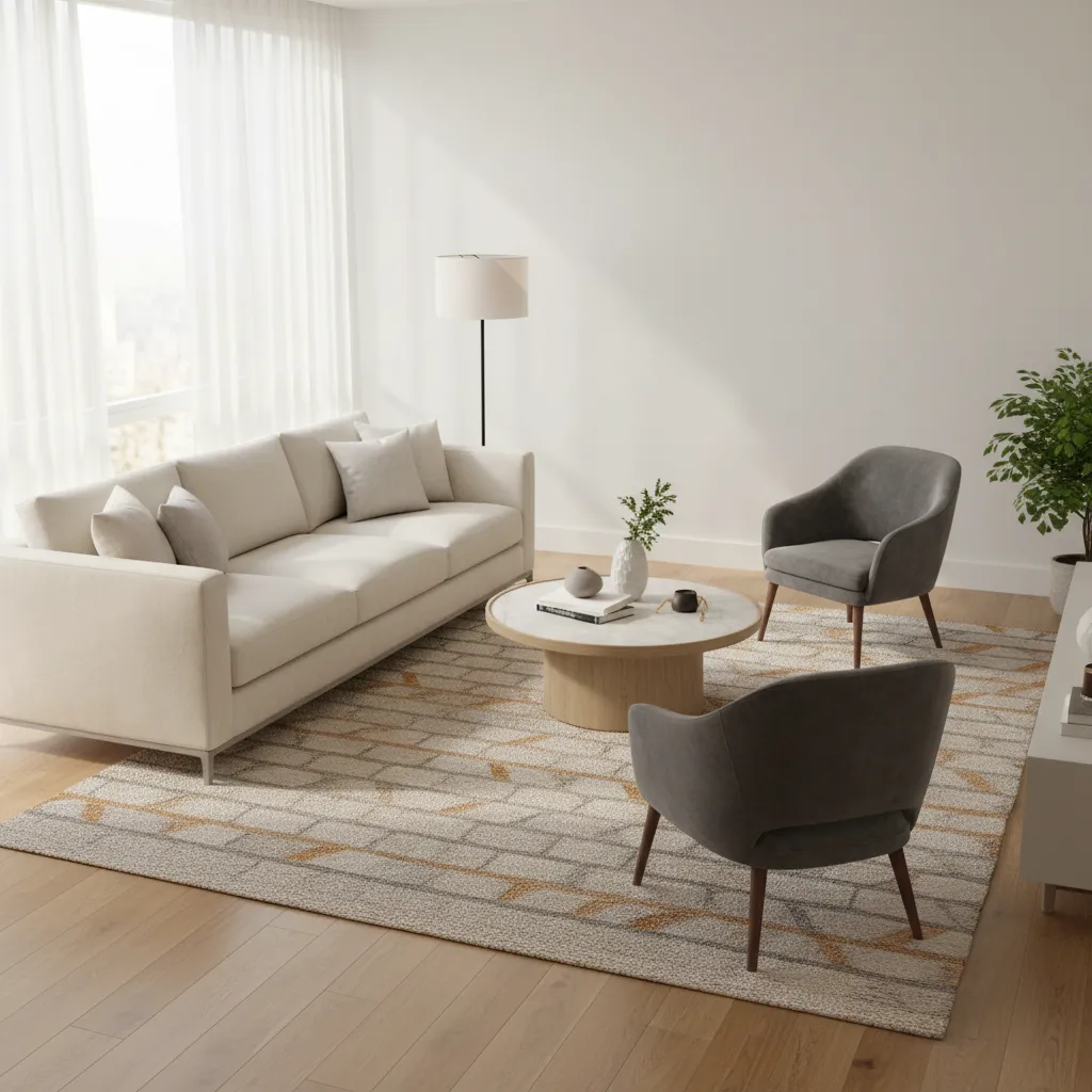 angled sofa paired with accent chairs and round coffee table