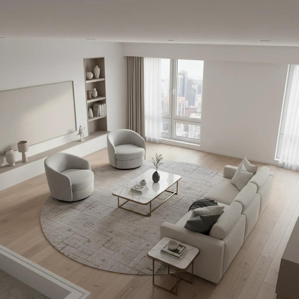 Interior design layout showing swivel chairs angled toward a sofa