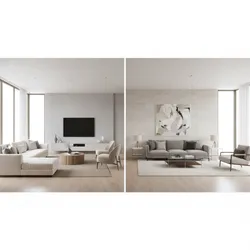 Side by side interior design drawings comparing angled white sofa and straight grey sofa layout