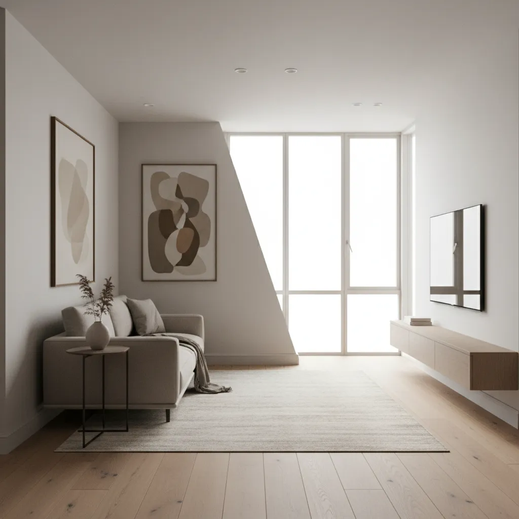 Apartment living room with a visible diagonal wall layout