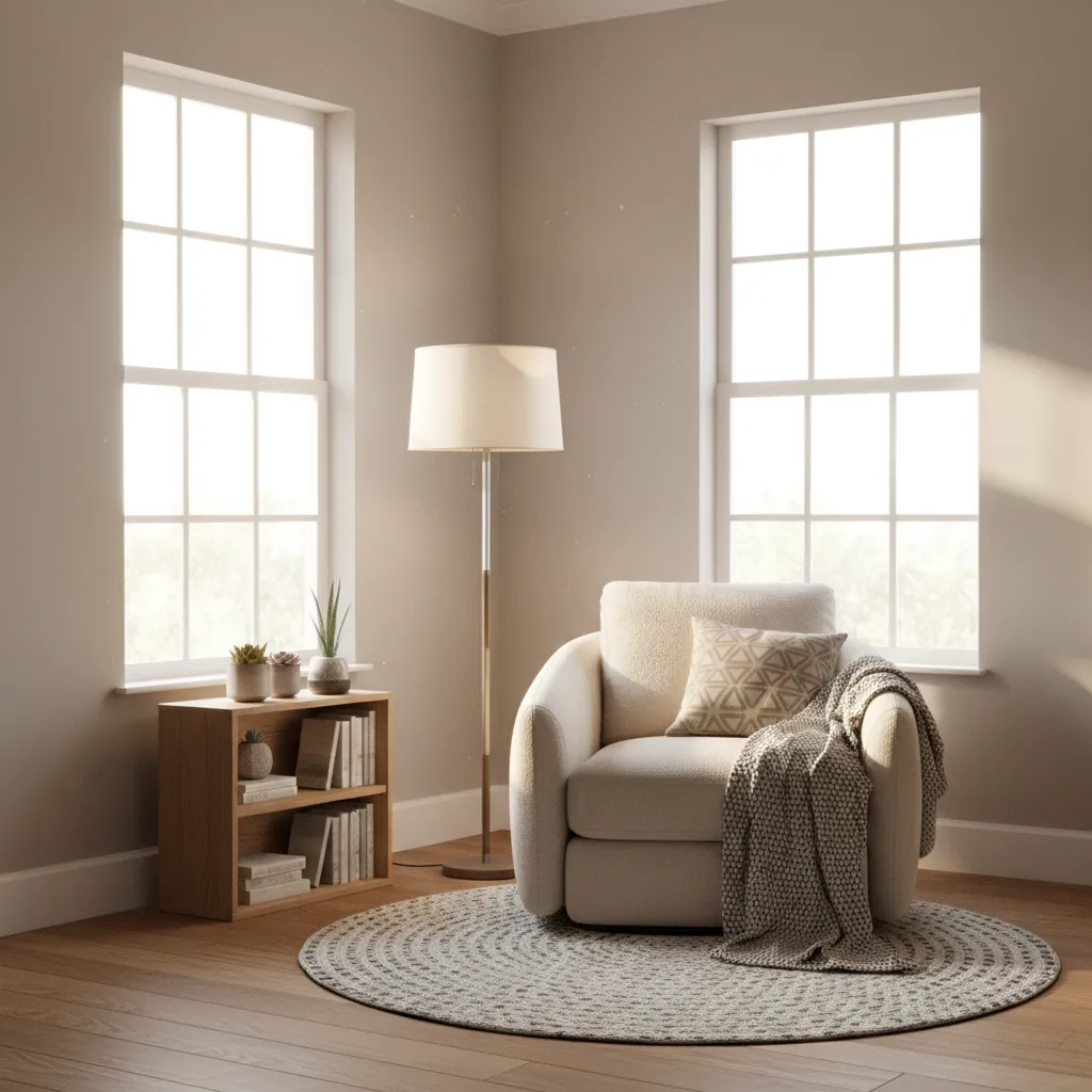 cozy reading nook designed inside an angled wall corner with chair lamp and shelves