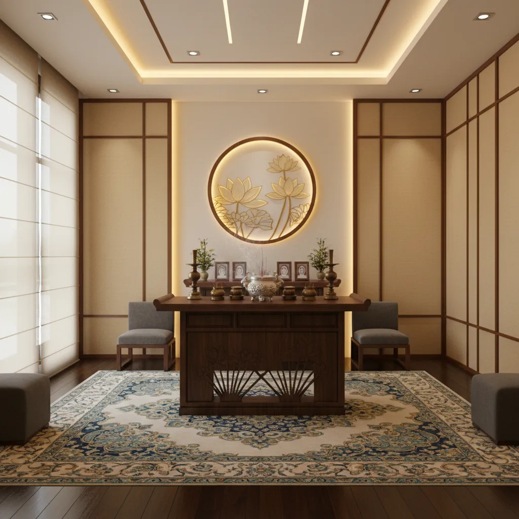 Prayer room with dark wood table patterned rug lotus wall art and warm ceiling lights