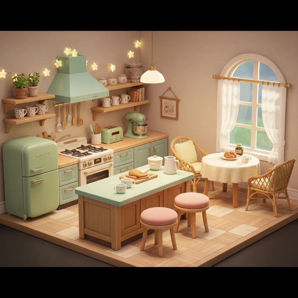 Cocina decorada en Animal Crossing con isla central y muebles claros