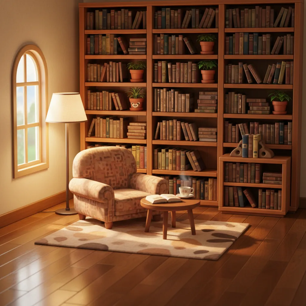 Biblioteca temática en Animal Crossing con estanterías y sillón de lectura