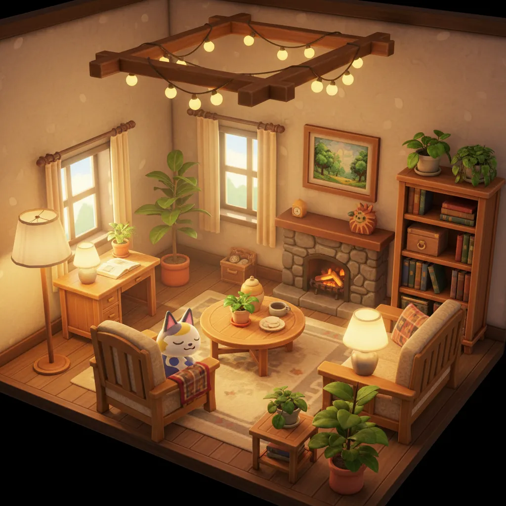 Habitación de Animal Crossing con iluminación cálida y lámparas decorativas