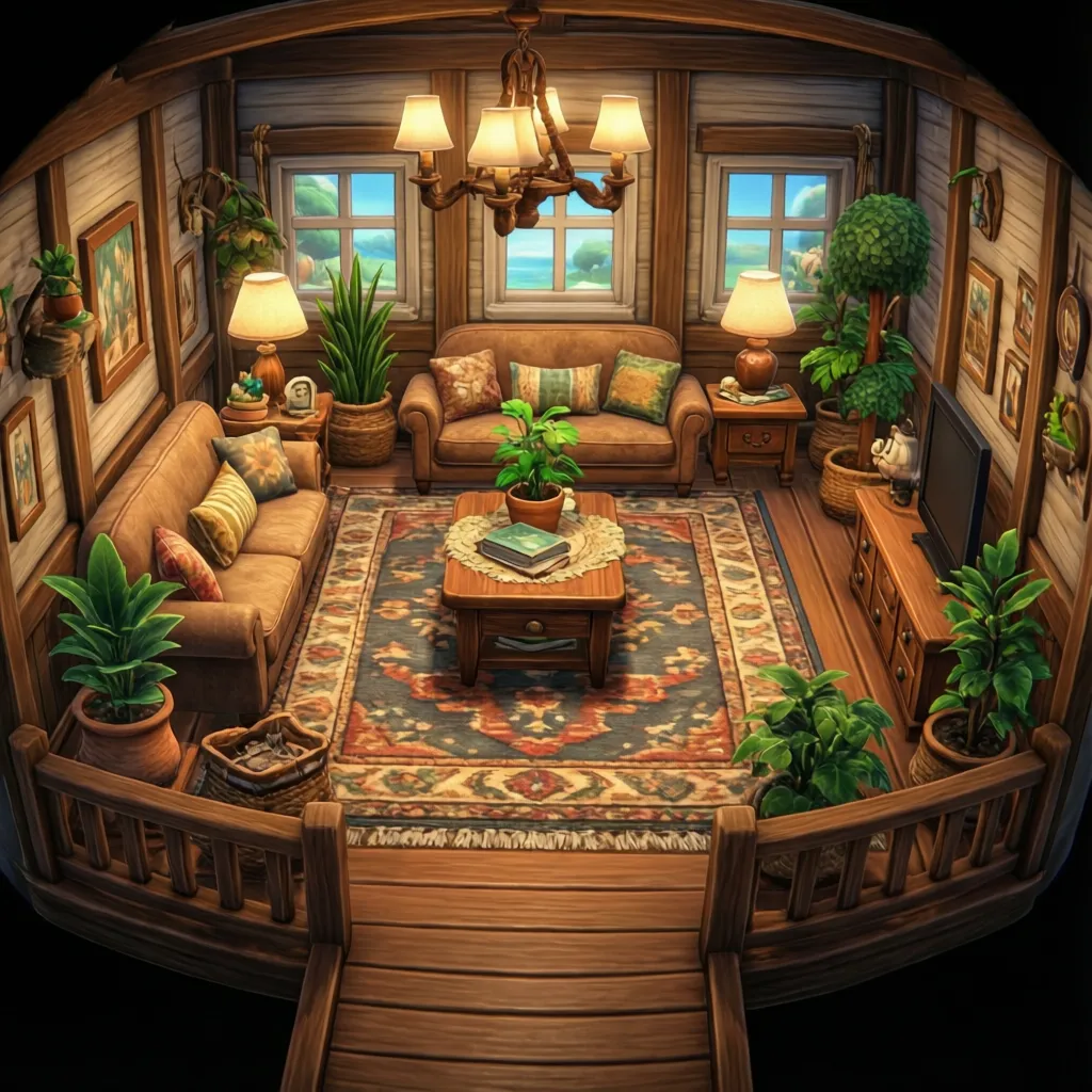 Sala de estar organizada en Animal Crossing con sofá, alfombra y plantas