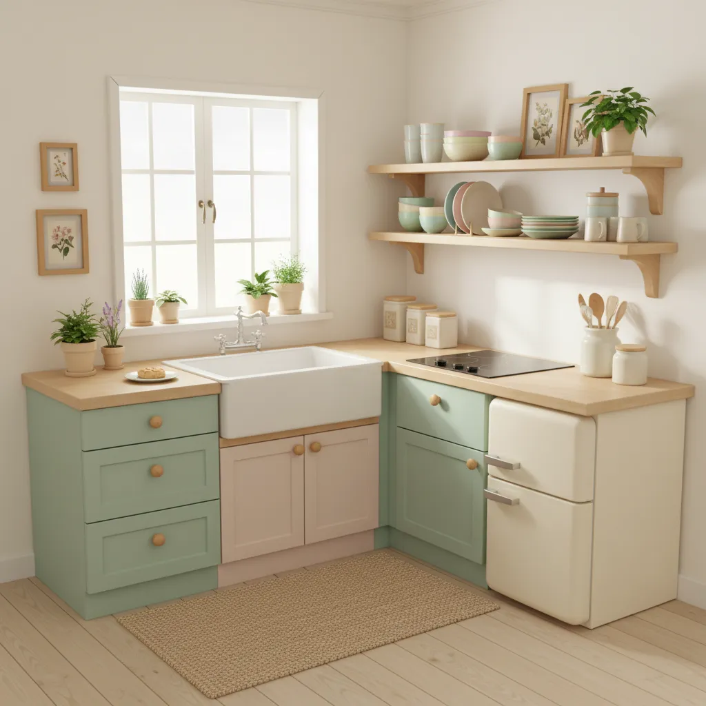 small cozy kitchen inspired by animal crossing with wood shelves and plants