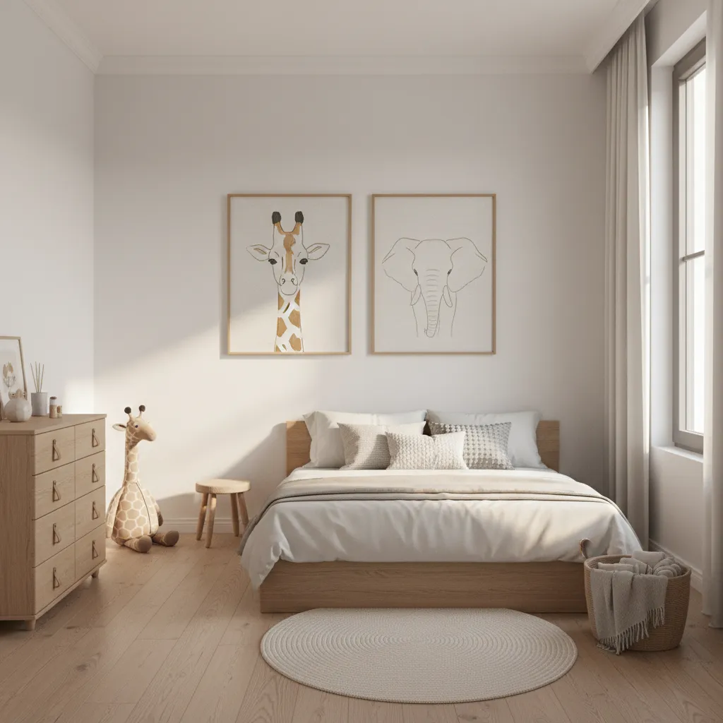 bright kids bedroom with neutral decor and subtle animal decorations