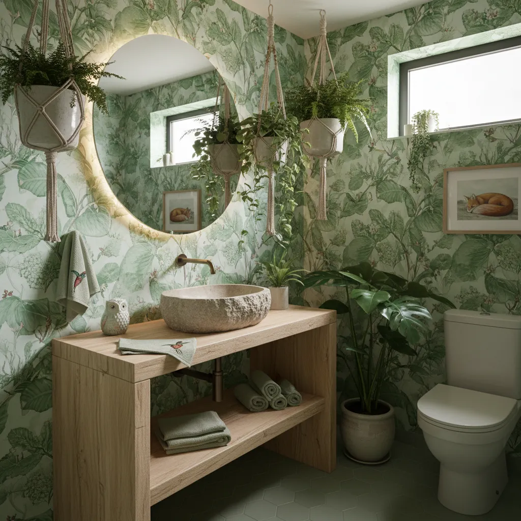 Green bathroom featuring leaf wallpaper, stone sink, wooden vanity, round mirror, and indoor hanging plants