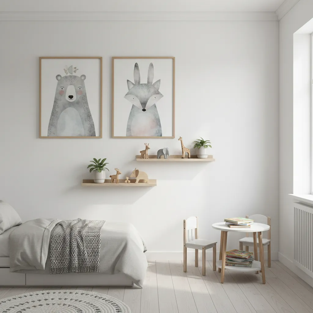 Kids bedroom with animal wall decor and floating shelves saving floor space