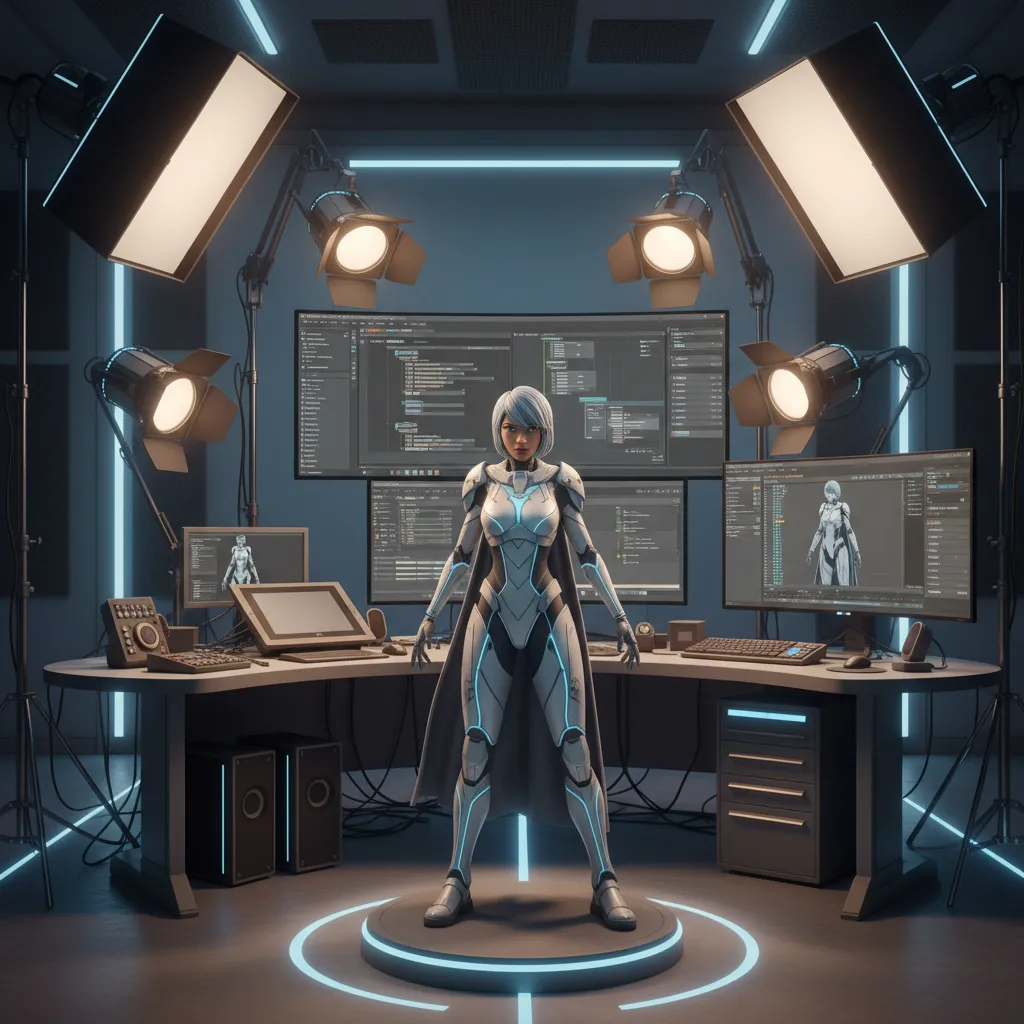 3D animation rendering scene with lighting setup and character model