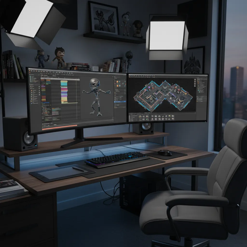 Computer desk with two screens showing 3D character and a top down room layout design