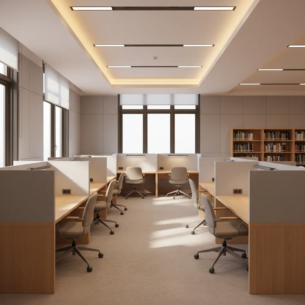 Quiet annex library study room with individual desks and soft lighting