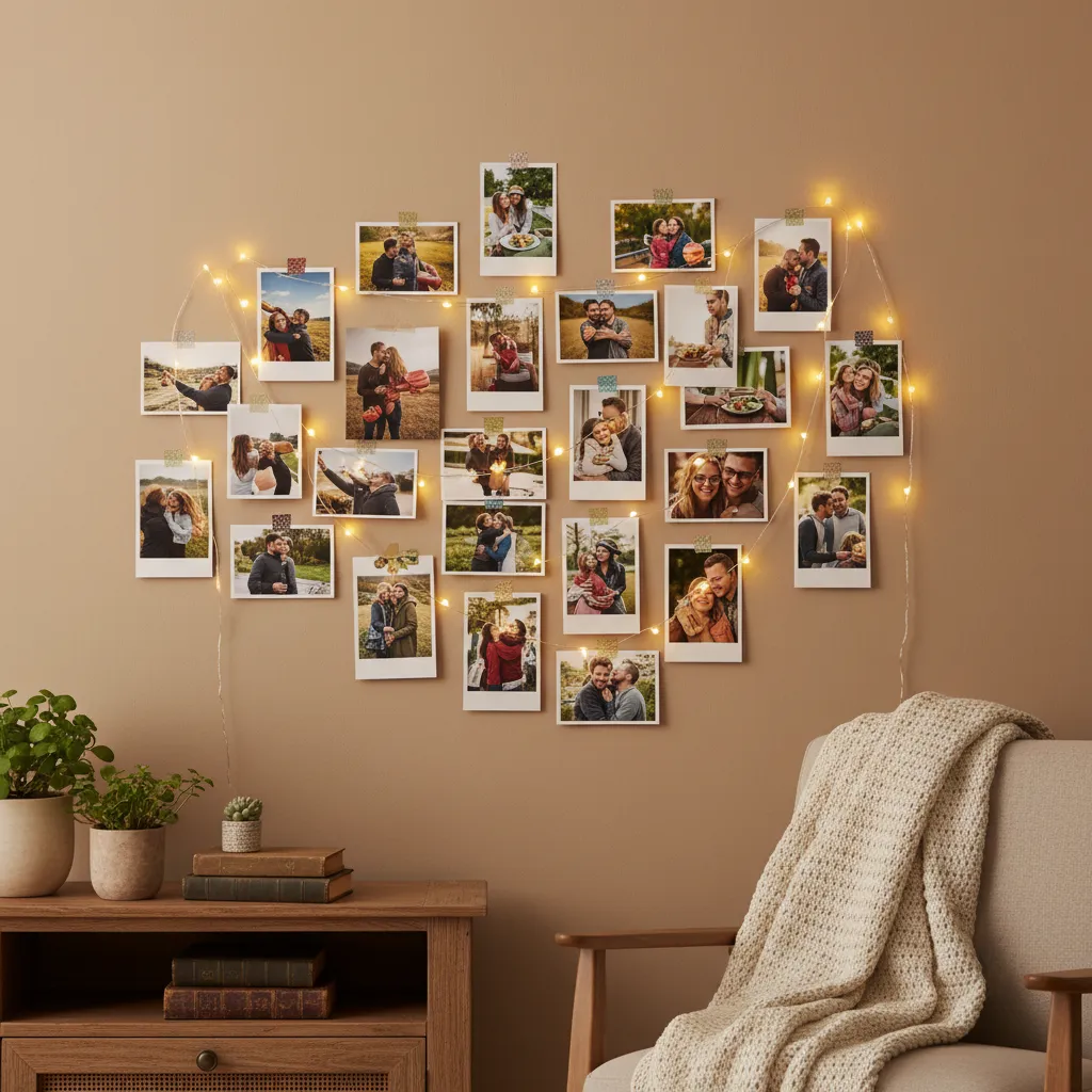 anniversary photo memory wall with string lights