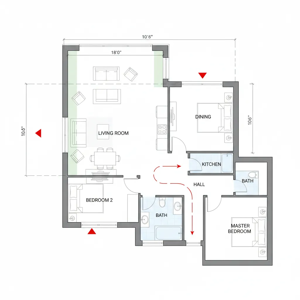 annotated architectural floor plan with labels dimensions and circulation arrows