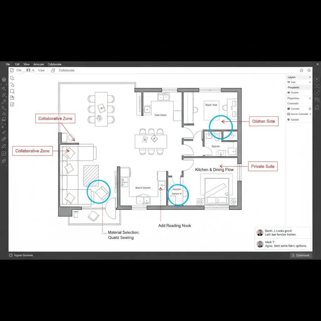 floor plan screenshot with arrows highlights and notes for design review