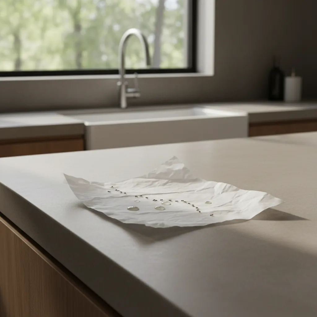 ant bait placed near ant trail on kitchen surface