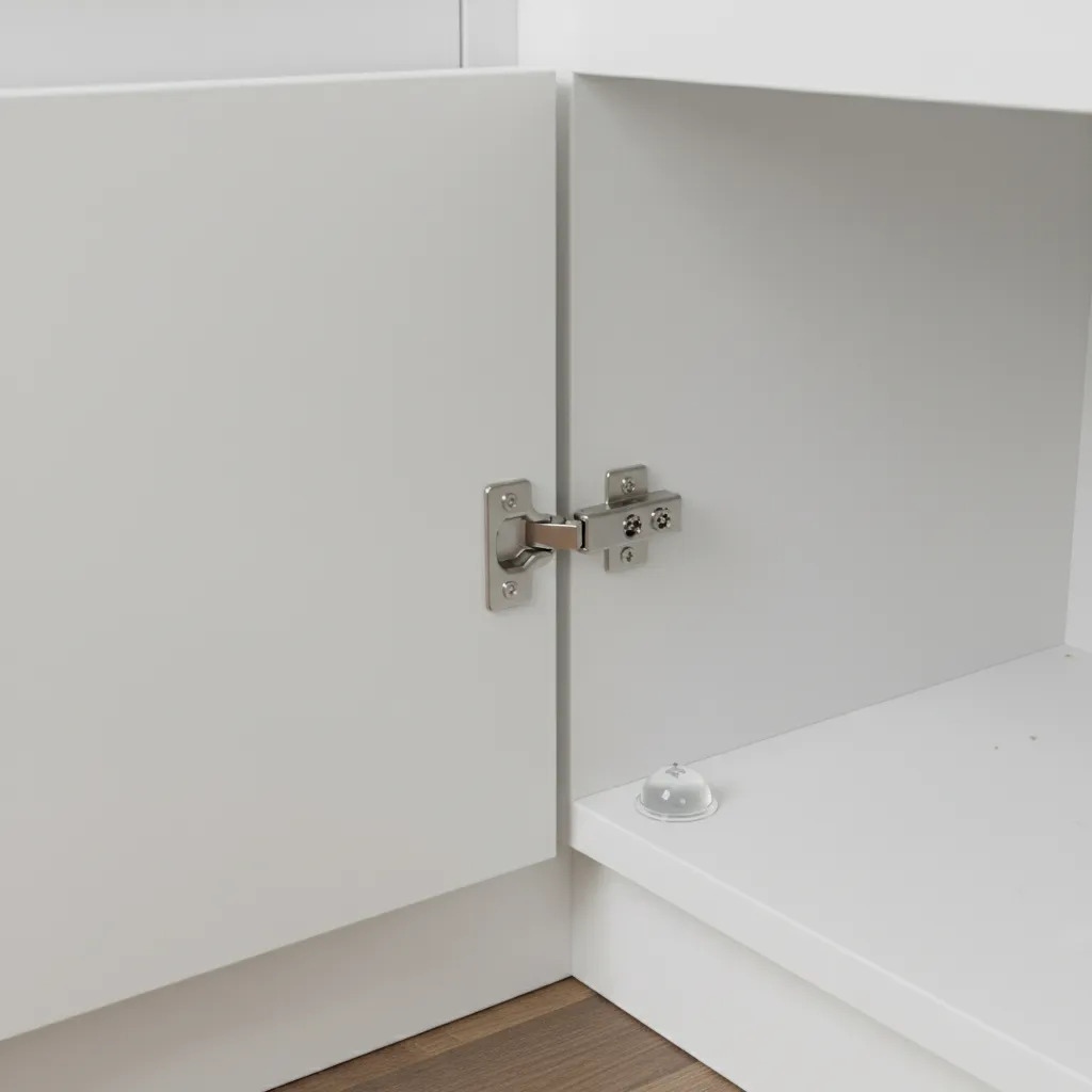 Clear plastic ant bait trap placed in the corner of an open white kitchen cabinet