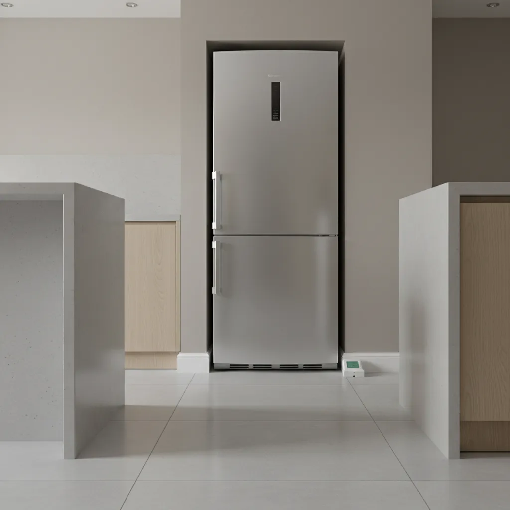 ant bait station placed behind kitchen appliance near cabinets