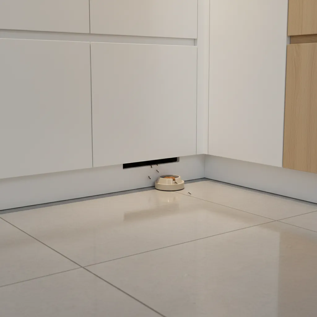 ant bait station placed near kitchen wall where ants gather
