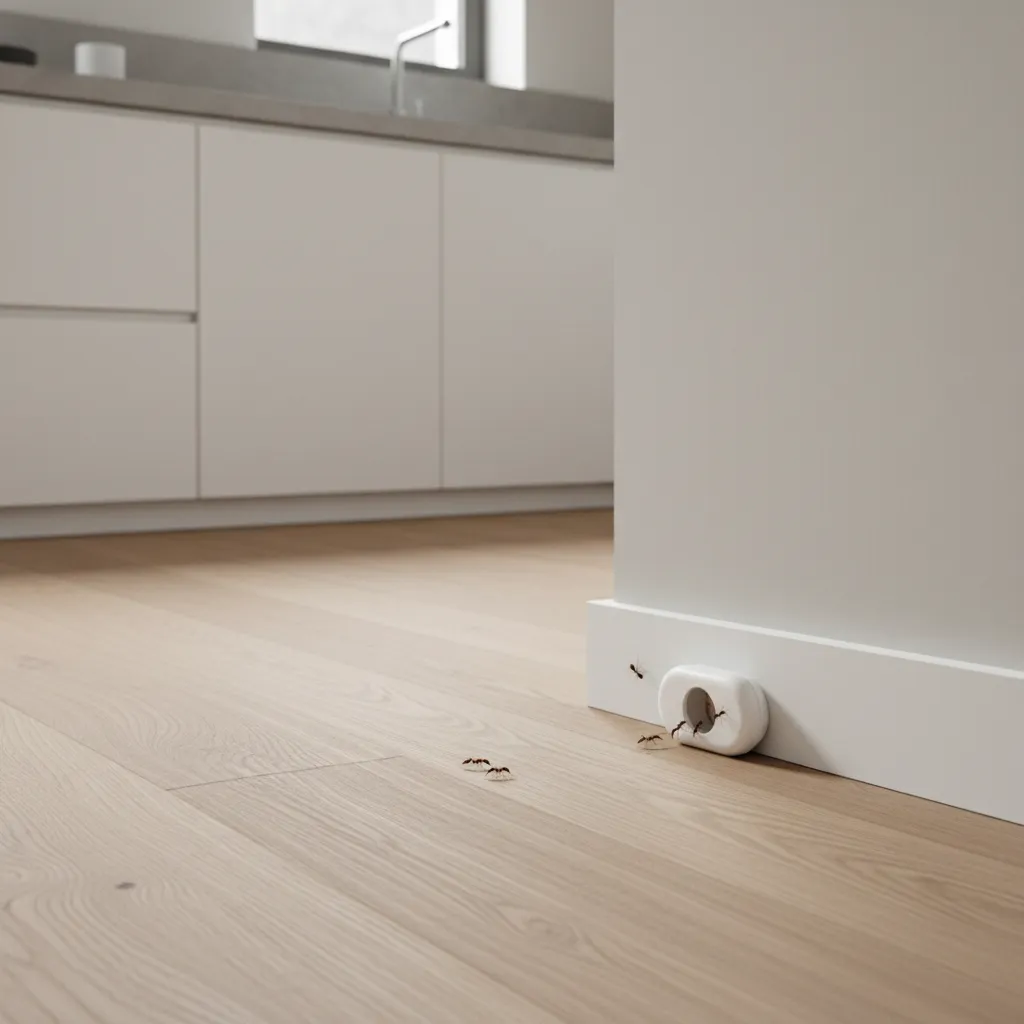 Ant bait trap placed along a kitchen baseboard where ants travel
