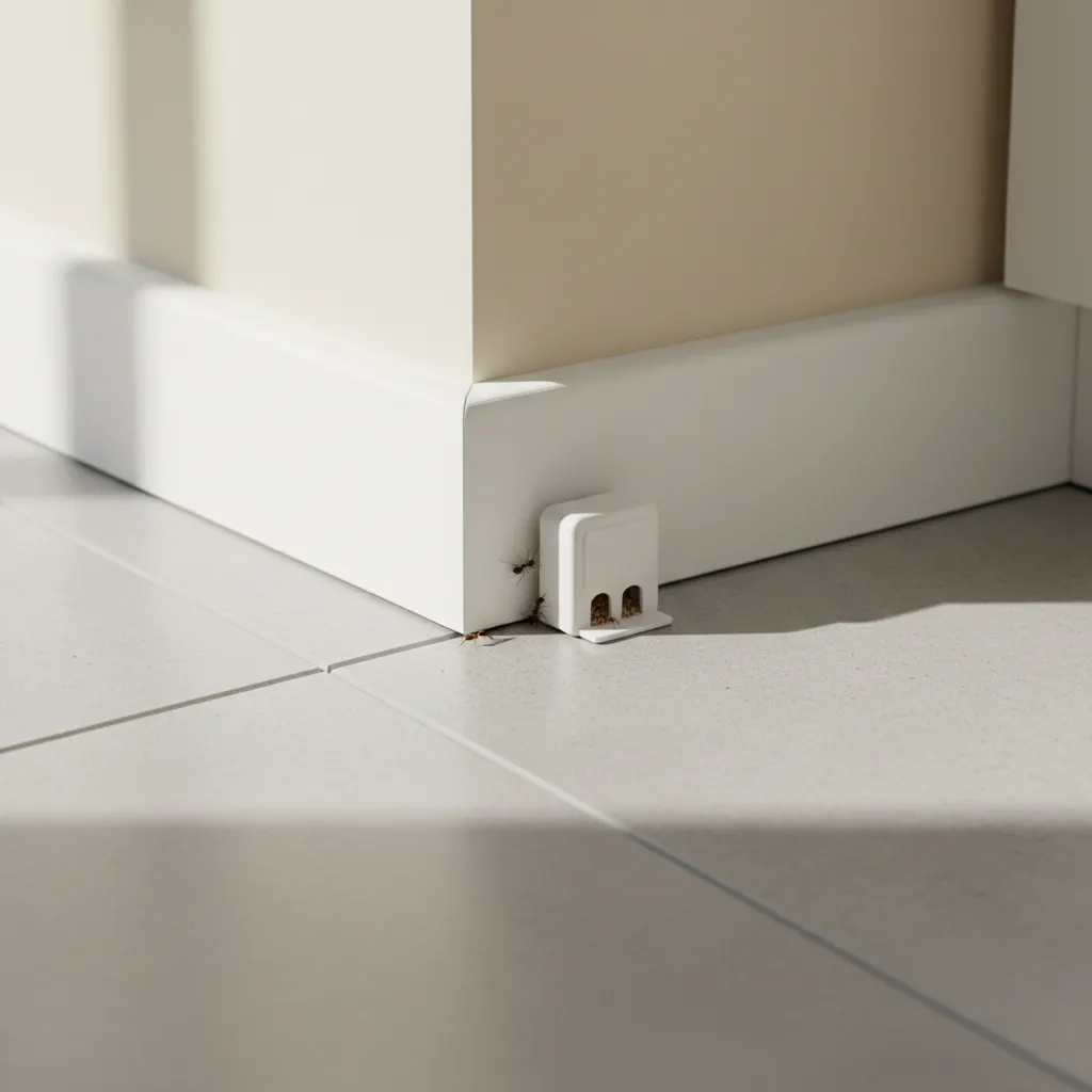 ant bait station placed along kitchen wall floor edge