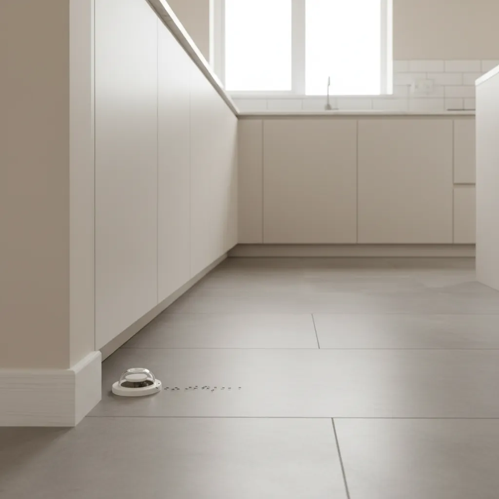 Ant bait trap placed under kitchen cabinet near wall baseboard