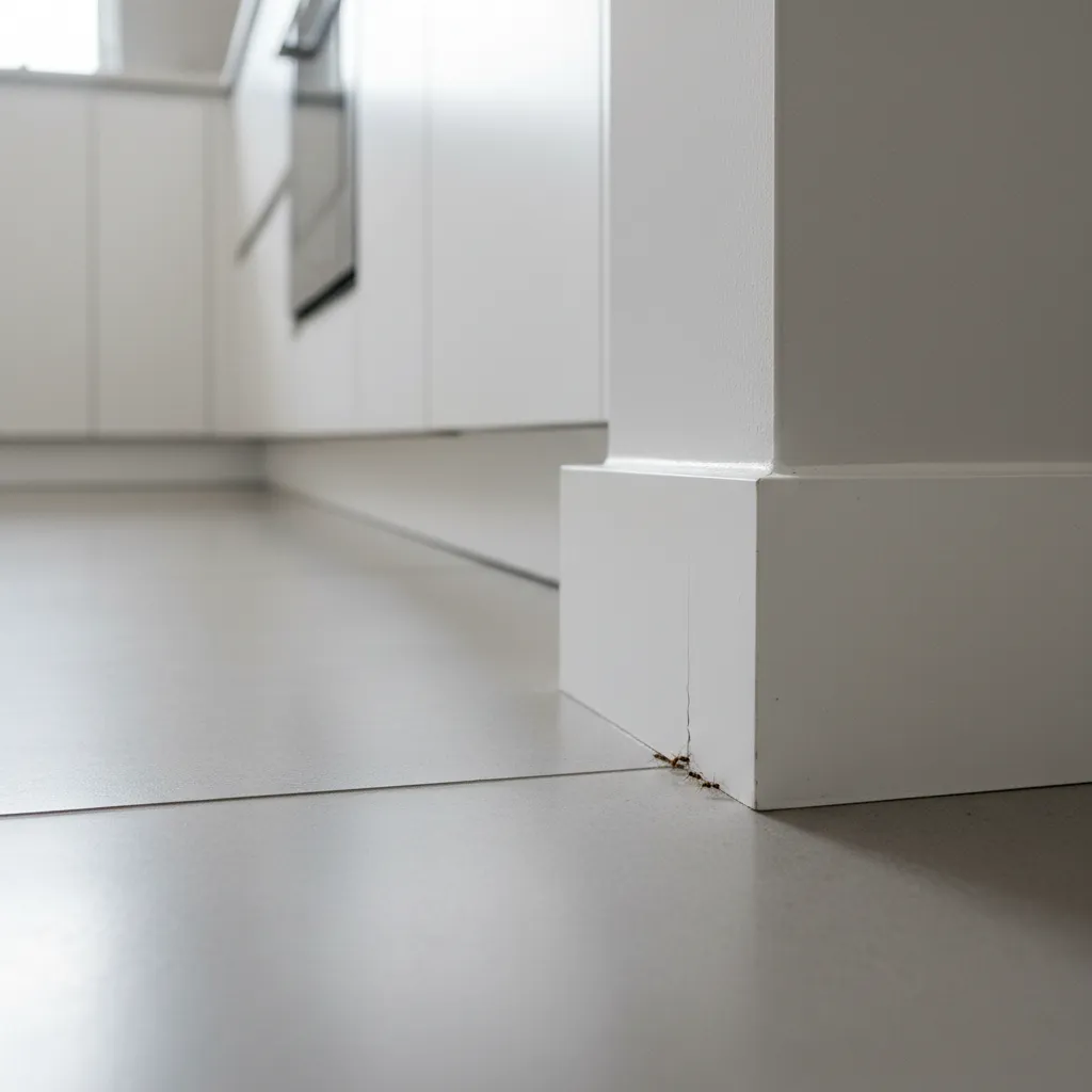 ants entering a kitchen through a small wall crack near the floor