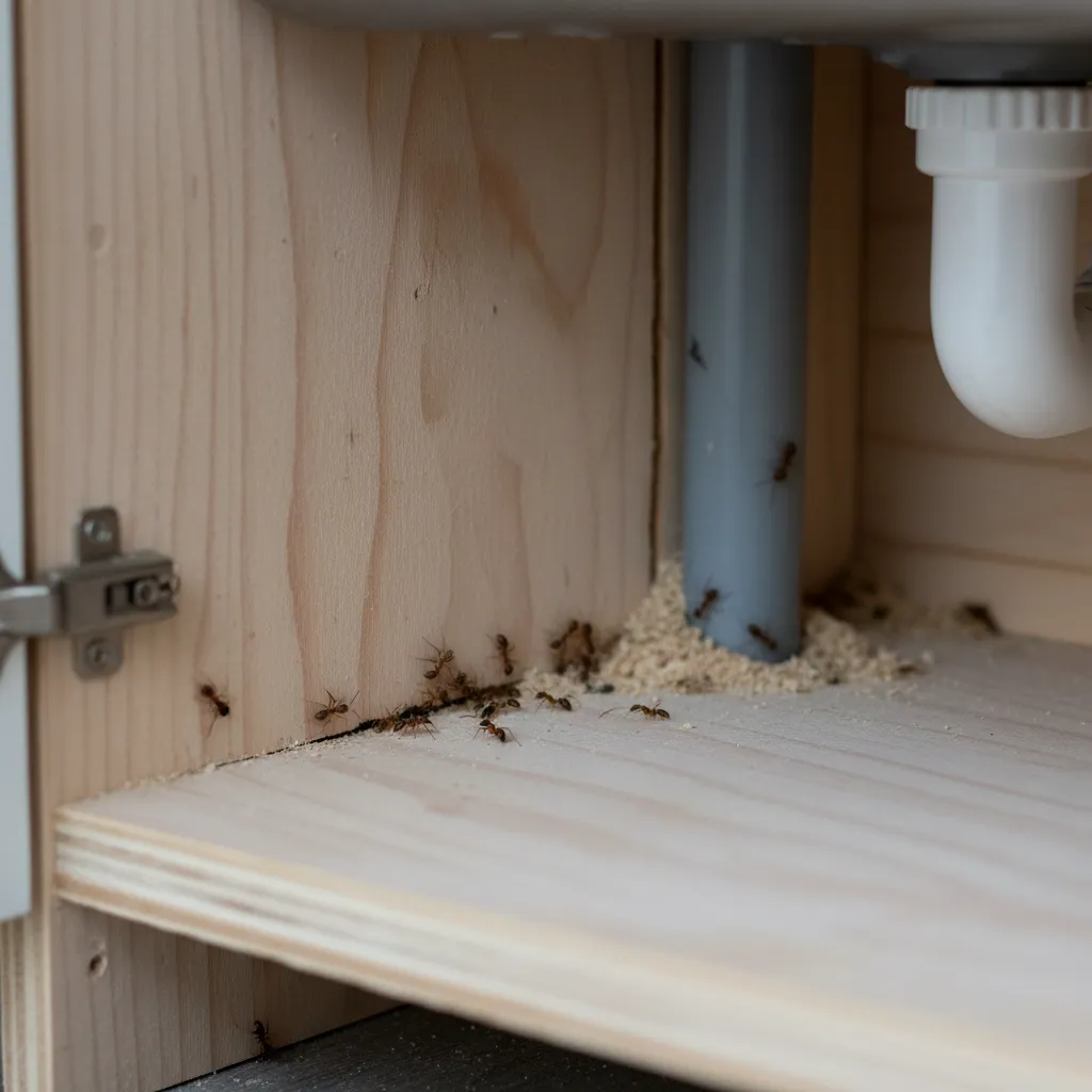 Small ants entering through a wall crack near kitchen plumbing