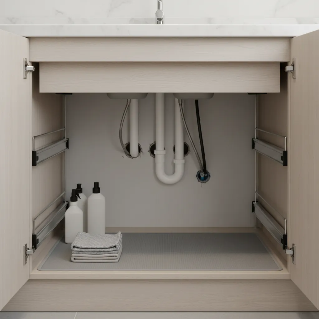 Kitchen sink cabinet showing small plumbing gaps where ants enter
