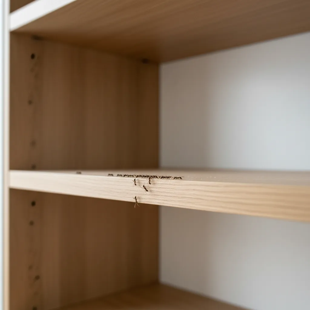 Ant trail along the edge of a kitchen cabinet shelf