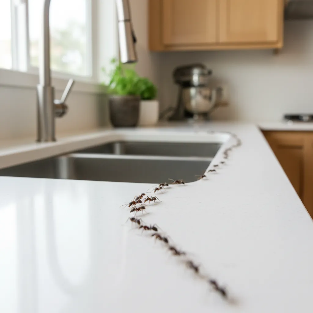 Tiny black ants forming a trail across a white kitchen counter near sink