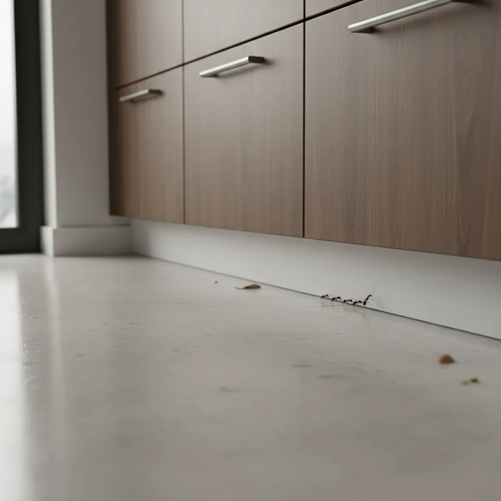 line of small ants forming trail along kitchen floor toward wall crack